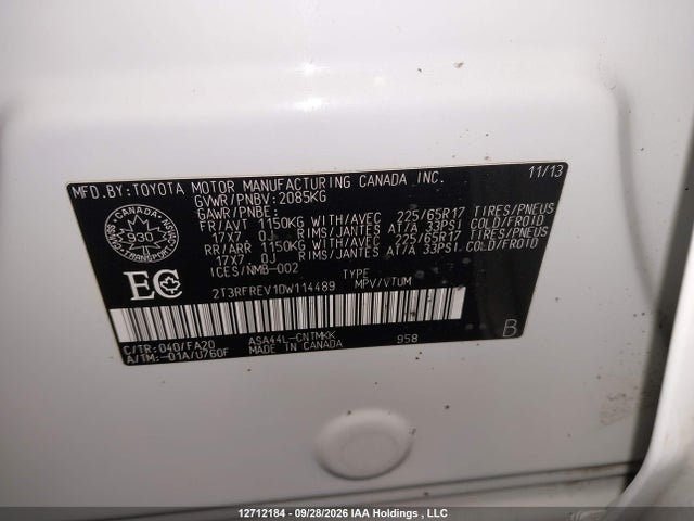 12712184 :رقم المزاد ، 2T3RFREV1DW114489 vin ، 2013 Toyota Rav4 Xle مزاد بيع