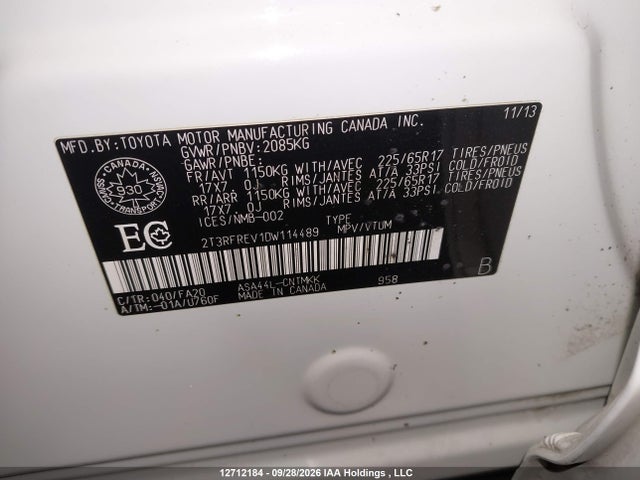 12712184 :رقم المزاد ، 2T3RFREV1DW114489 vin ، 2013 Toyota Rav4 Xle مزاد بيع