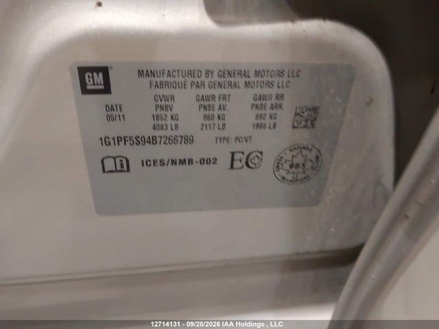12714131 :رقم المزاد ، 1G1PF5S94B7266789 vin ، 2011 Chevrolet Cruze Lt Turbo مزاد بيع
