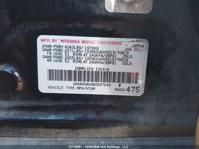 12719591 :رقم المزاد ، JA4AH3AU4BZ607043 vin ، 2011 Mitsubishi Rvr Se مزاد بيع