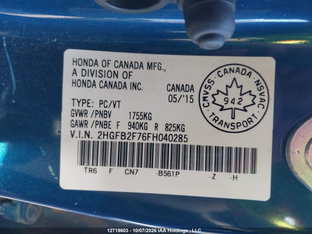 Honda Civic 2015 2HGFB2F76FH040285 Image 9