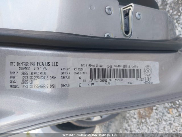 12719617 :رقم المزاد ، 1C4PJMDX4LD582482 vin ، 2020 Jeep Cherokee Limited مزاد بيع