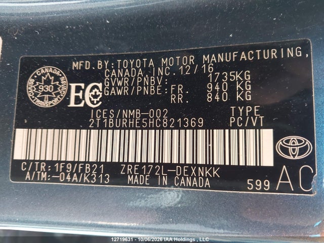 Toyota COROLLA LE 2017 2T1BURHE5HC821369 Image 9