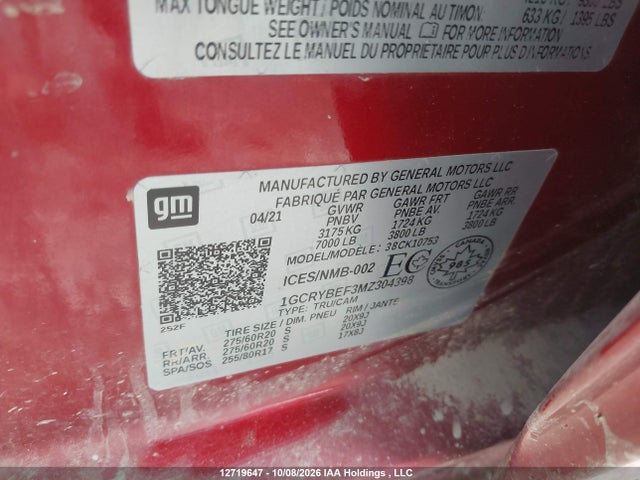 2021 Chevrolet Silverado 1500 Custom მანქანა იყიდება აუქციონზე, vin: 1GCRYBEF3MZ304398, აუქციონის ნომერი: 12719647
