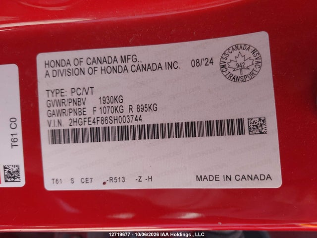 2HGFE4F86SH003744 Honda Civic Sport Hybrid/sport Touring Hybrid