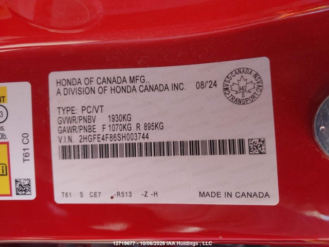 2HGFE4F86SH003744 Honda Civic Sport Hybrid/sport Touring Hybrid