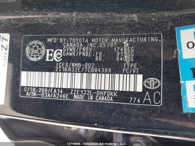 Продаж на аукціоні авто 2007 Toyota Matrix Xr, vin: 2T1KR32E77C684389, номер лоту: 12719694