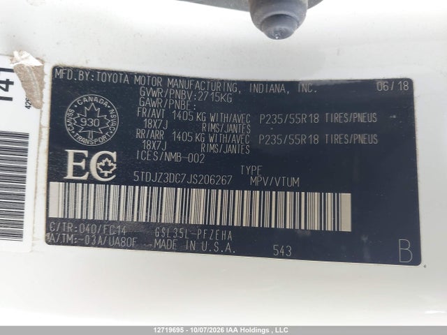 12719695 :رقم المزاد ، 5TDJZ3DC7JS206267 vin ، 2018 Toyota Sienna Le مزاد بيع