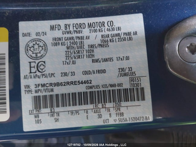 12719702 :رقم المزاد ، 3FMCR9B62RRE54462 vin ، 2024 Ford Bronco Sport Big Bend مزاد بيع