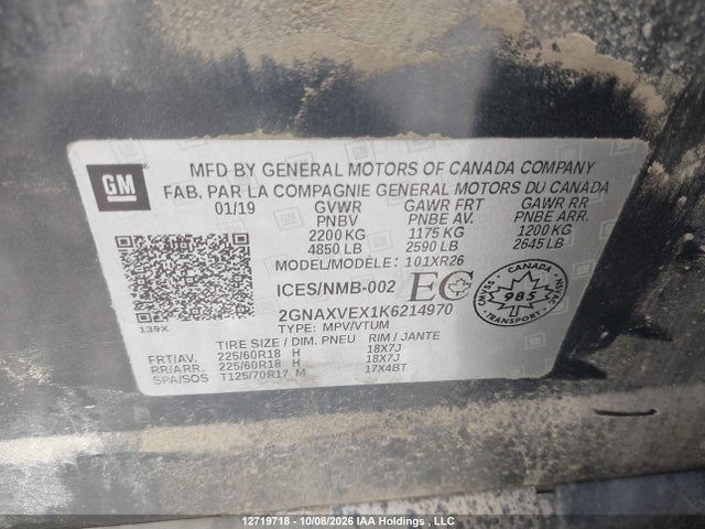 12719718 :رقم المزاد ، 2GNAXVEX1K6214970 vin ، 2019 Chevrolet Equinox Lt مزاد بيع
