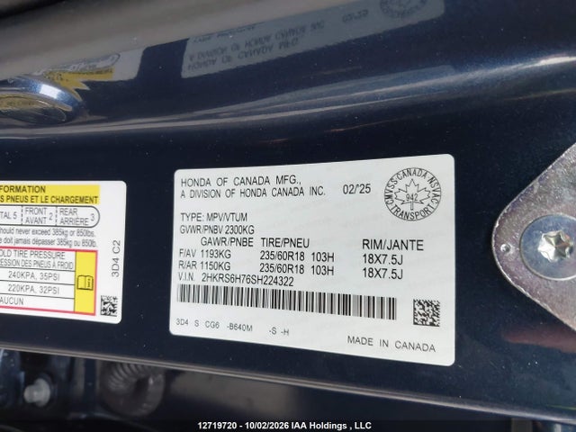 Aukcja sprzedaży 2025 Honda Cr-v Ex-l Hybrid, vin: 2HKRS6H76SH224322, numer aukcji: 12719720