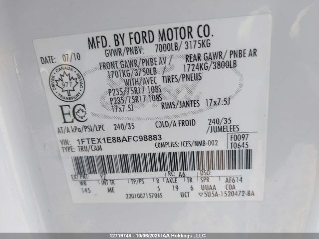 12719748 :رقم المزاد ، 1FTEX1E88AFC98883 vin ، 2010 Ford F150 Super Cab مزاد بيع