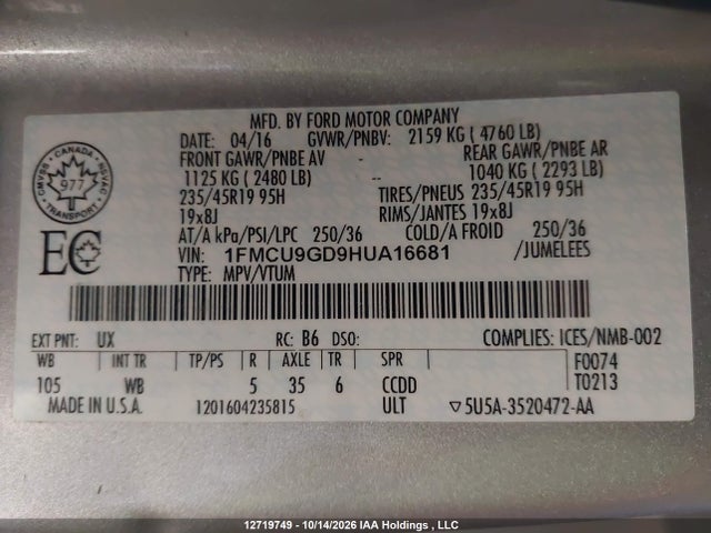 Продаж на аукціоні авто 2017 Ford Escape Se, vin: 1FMCU9GD9HUA16681, номер лоту: 12719749