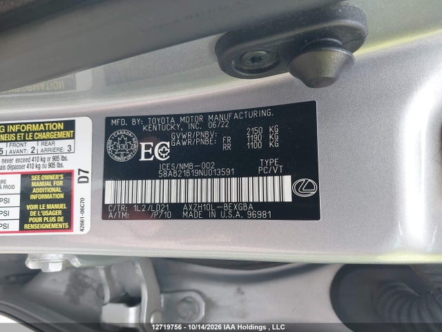 Продажа на аукционе авто 2022 Lexus Es 300h 300h, vin: 58AB21B19NU013591, номер лота: 12719756