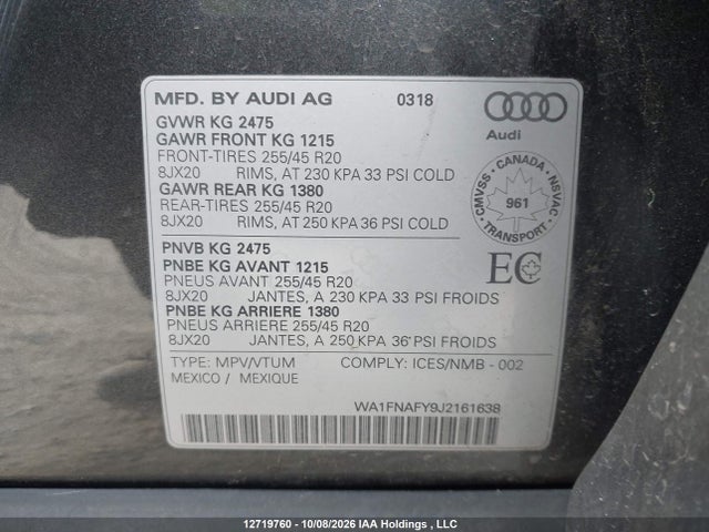 Продаж на аукціоні авто 2018 Audi Q5 2.0t Technik, vin: WA1FNAFY9J2161638, номер лоту: 12719760