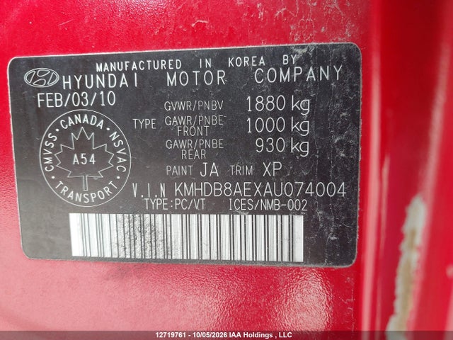 12719761 :رقم المزاد ، KMHDB8AEXAU074004 vin ، 2010 Hyundai Elantra Touring Gls مزاد بيع