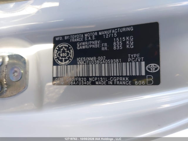 VNKJTUD38GA059381 Toyota Yaris L/le