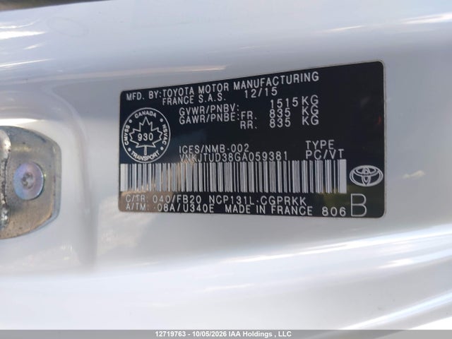 VNKJTUD38GA059381 Toyota Yaris L/le