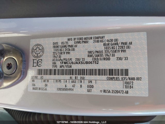 Продажа на аукционе авто 2025 Ford Escape Platinum, vin: 1FMCU9JAXSUB06752, номер лота: 12719768
