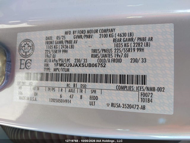 Продажа на аукционе авто 2025 Ford Escape Platinum, vin: 1FMCU9JAXSUB06752, номер лота: 12719768
