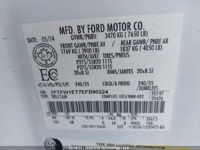 Продаж на аукціоні авто 2014 Ford F150 Supercrew, vin: 1FTFW1ET7EFB90224, номер лоту: 12719771