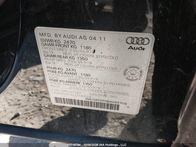 12719794 :رقم المزاد ، WA1VFCFP6BA099702 vin ، 2011 Audi Q5 Prestige مزاد بيع