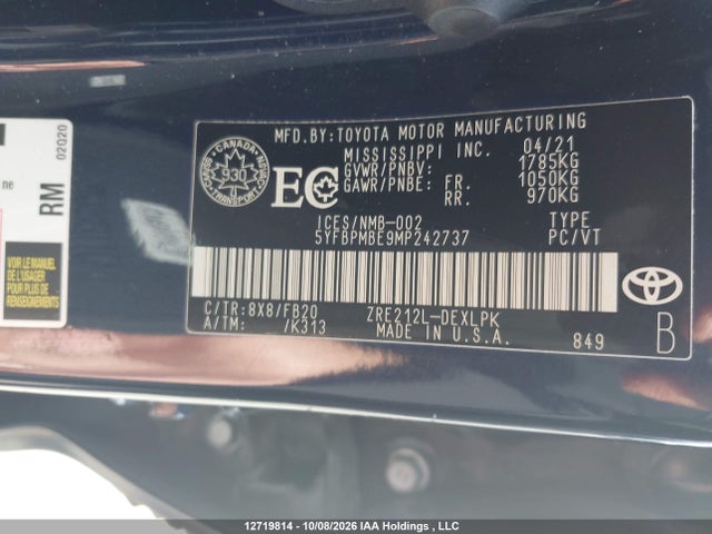 Toyota COROLLA LE 2021 5YFBPMBE9MP242737 Image 9