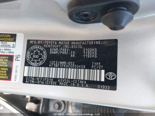 Aukcja sprzedaży 2012 Toyota Camry Le, vin: 4T1BF1FK0CU050458, numer aukcji: 12719815