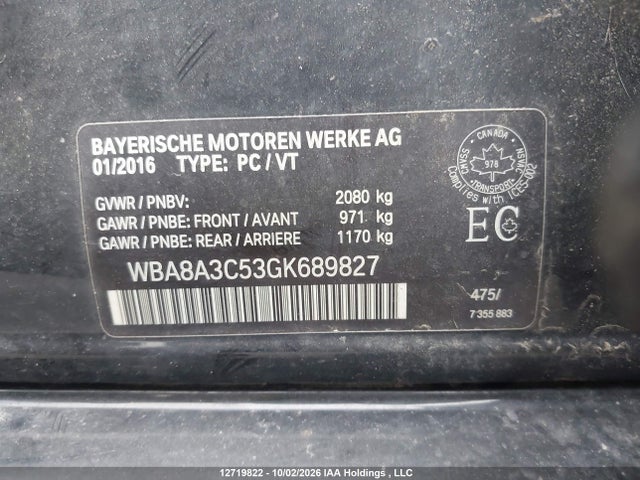 Aukcja sprzedaży 2016 Bmw 320 Xi, vin: WBA8A3C53GK689827, numer aukcji: 12719822