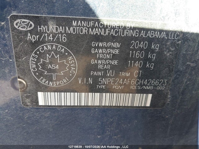 Продажа на аукционе авто 2016 Hyundai Sonata Se, vin: 5NPE24AF6GH426623, номер лота: 12719839