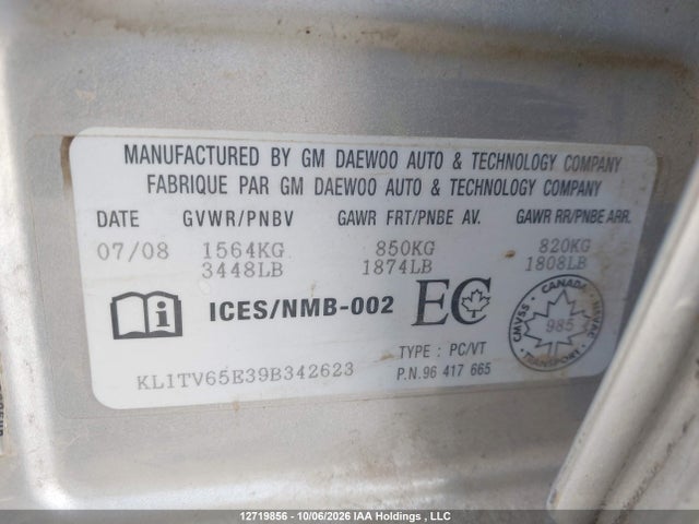 12719856 :رقم المزاد ، KL1TV65E39B342623 vin ، 2009 Chevrolet Aveo Ls مزاد بيع