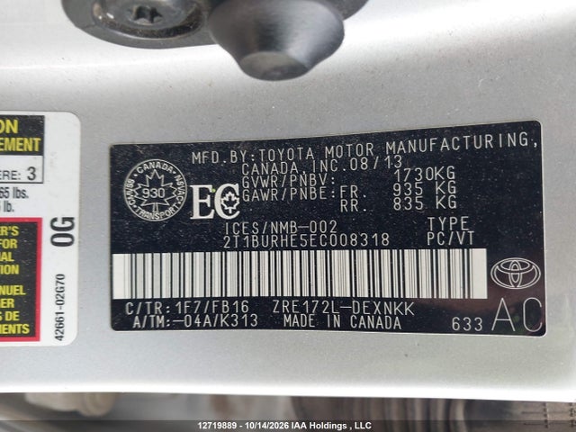 Aukcja sprzedaży 2014 Toyota Corolla Le, vin: 2T1BURHE5EC008318, numer aukcji: 12719889