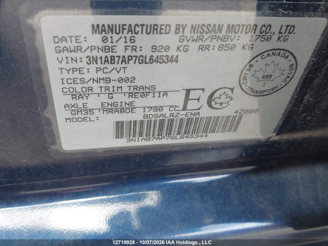 2016 Nissan Sentra S/sv/sr/sl მანქანა იყიდება აუქციონზე, vin: 3N1AB7AP7GL645344, აუქციონის ნომერი: 12719928