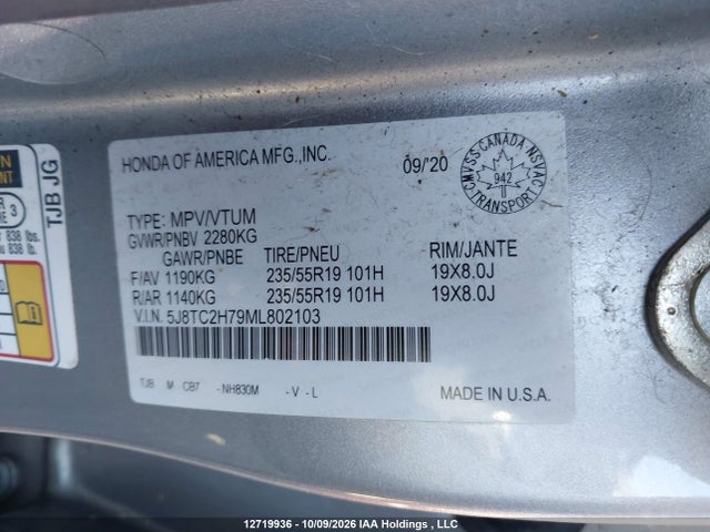 Auction sale of the 2021 Acura Rdx Elite, vin: 5J8TC2H79ML802103, lot number: 12719936