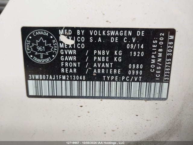 2015 Volkswagen Jetta Se მანქანა იყიდება აუქციონზე, vin: 3VWB07AJ1FM213048, აუქციონის ნომერი: 12719957