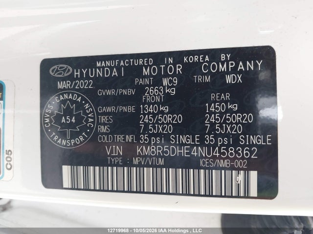 12719968 :رقم المزاد ، KM8R5DHE4NU458362 vin ، 2022 Hyundai Palisade Ultimate Calligraphy مزاد بيع