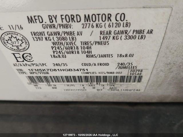 Продаж на аукціоні авто 2017 Ford Explorer Xlt, vin: 1FM5K7D81HGB34751, номер лоту: 12719973