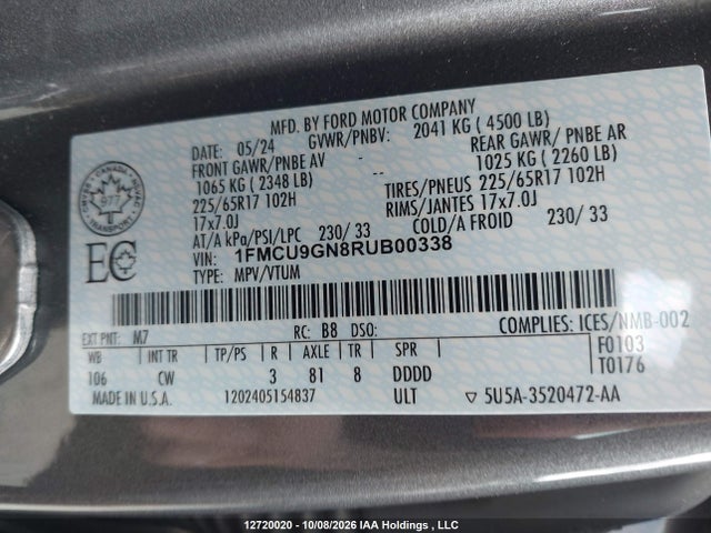 2024 Ford Escape მანქანა იყიდება აუქციონზე, vin: 1FMCU9GN8RUB00338, აუქციონის ნომერი: 12720020
