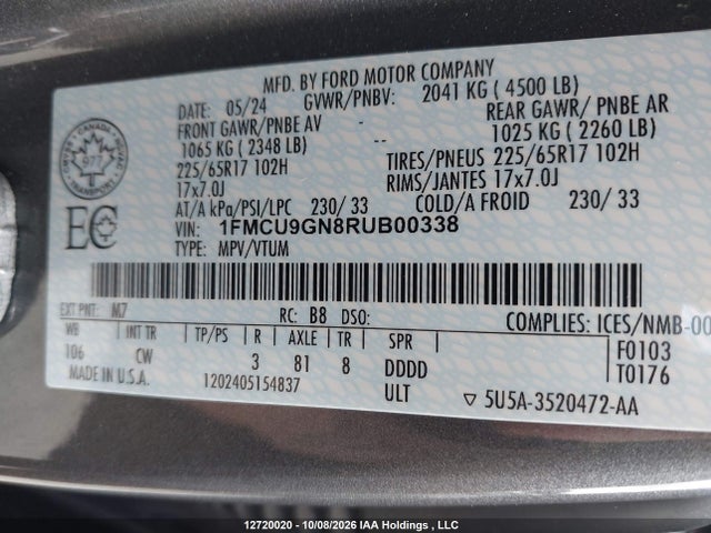 2024 Ford Escape მანქანა იყიდება აუქციონზე, vin: 1FMCU9GN8RUB00338, აუქციონის ნომერი: 12720020