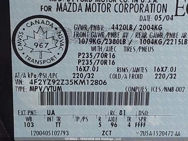 Продаж на аукціоні авто 2005 Mazda Tribute I, vin: 4F2YZ92Z35KM12806, номер лоту: 12720022