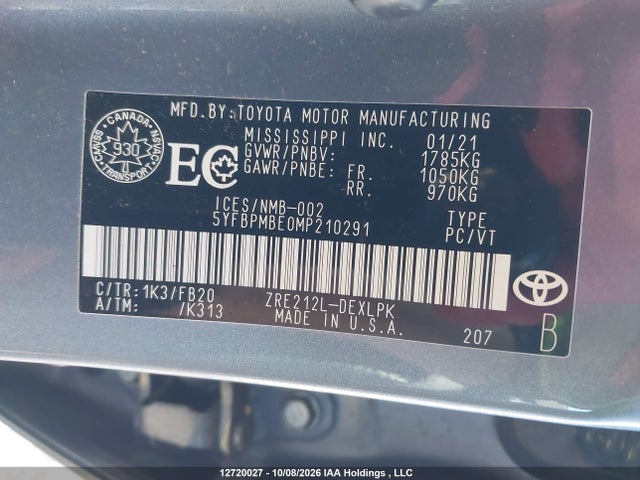 5YFBPMBE0MP210291 Toyota COROLLA LE