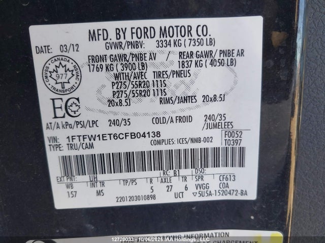 Продаж на аукціоні авто 2012 Ford F-150 Xlt, vin: 1FTFW1ET6CFB04138, номер лоту: 12720033