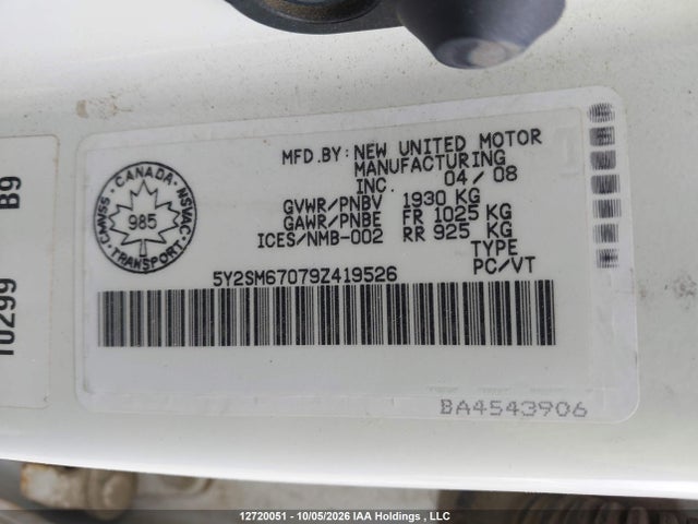 12720051 :رقم المزاد ، 5Y2SM67079Z419526 vin ، 2009 Pontiac Vibe مزاد بيع