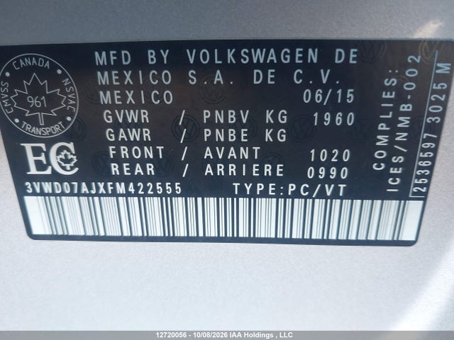 3VWD07AJXFM422555 Volkswagen Jetta 1.8 Tsi Comfortline/1.8 Tsi Trendline+