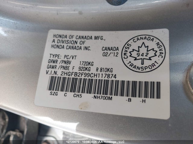 2012 Honda Civic Ex-l მანქანა იყიდება აუქციონზე, vin: 2HGFB2F99CH117874, აუქციონის ნომერი: 12720070