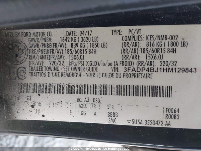 2017 Ford Fiesta Se მანქანა იყიდება აუქციონზე, vin: 3FADP4BJ1HM129843, აუქციონის ნომერი: 12720074