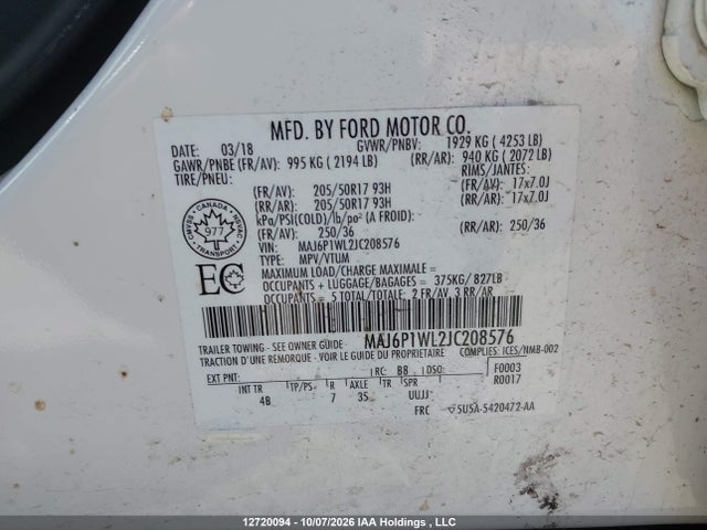 12720094 :رقم المزاد ، MAJ6P1WL2JC208576 vin ، 2018 Ford Ecosport Titanium مزاد بيع