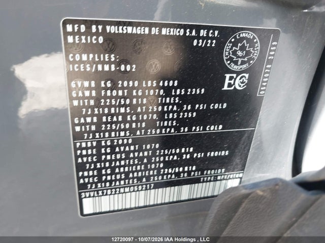 Aukcja sprzedaży 2022 Volkswagen Taos, vin: 3VVLX7B22NM059217, numer aukcji: 12720097