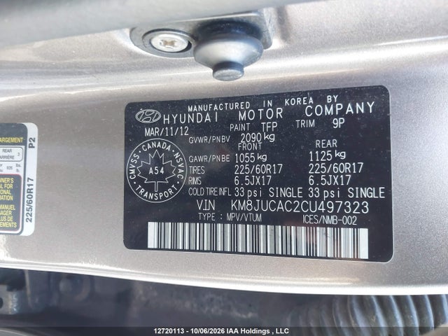 Продажа на аукционе авто 2012 Hyundai Tucson Gls, vin: KM8JUCAC2CU497323, номер лота: 12720113