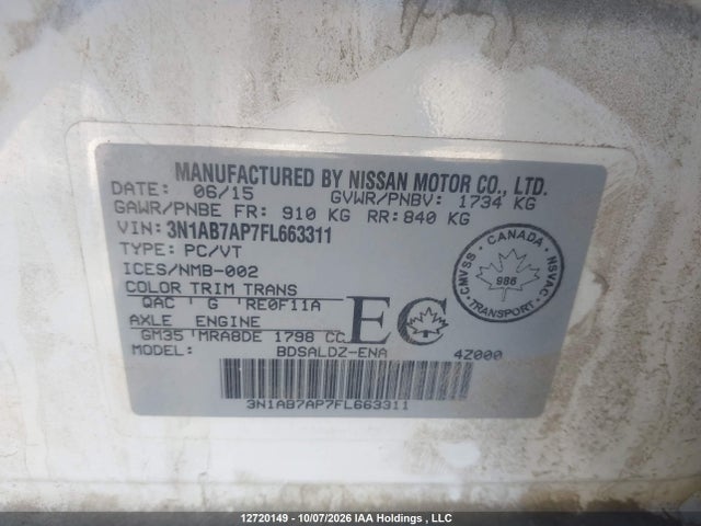 3N1AB7AP7FL663311 Nissan Sentra S/sv/sr/sl
